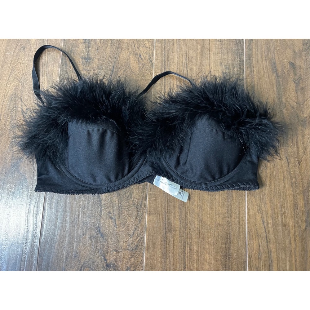 Secret Treasures Black Feather Trim Underwire Bra 36C Burlesque Lingerie Top